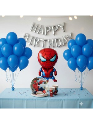 Umamiçe Örümcek Adam Parti Seti – 10 Mavi Balon + 8'li Tabak Bardak + Folyo Balon(B)
