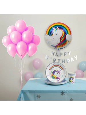 Umamiçe Unıcorn Parti Seti – 10 Pembe Balon + 8'li Tabak Bardak + Folyo Balon