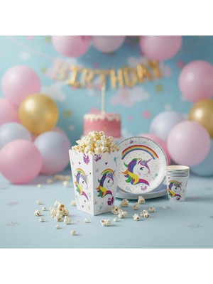 Umamiçe Unıcorn Mini Parti Seti – 8'li Mısır Kutusu + 8'li Tabak Bardak