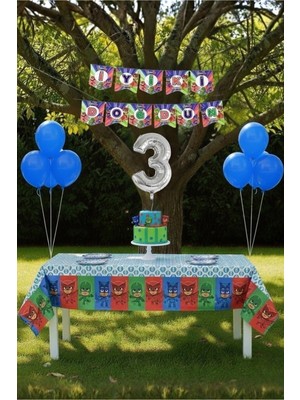Umamiçe Pijamaskeliler Temalı 3 Yaş Doğum Günü Parti Seti – Masa Örtüsü + Banner + Balonlar