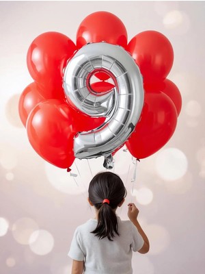 Umamiçe 9 Rakam Balon Seti – 40 Inç (100 Cm) Folyo Balon + 10 Adet Metalik Kırmızı Balon