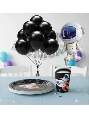Umamiçe Uzay Parti Seti – 10 Siyah Balon + 8'li Tabak Bardak + Folyo Balon