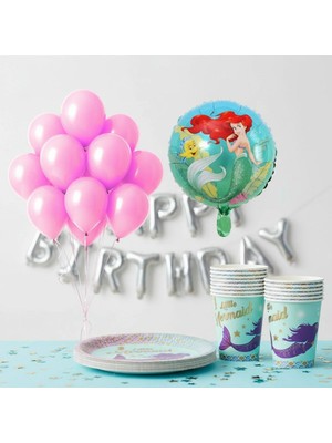 Umamiçe Deniz Kızı Parti Seti – 10 Pembe Balon + 8'li Tabak Bardak + Folyo Balon