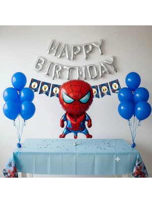 Umamiçe Örümcek Adam Parti Seti – 10 Mavi Balon + Banner + Folyo Balon(B) + Masa Örtüsü