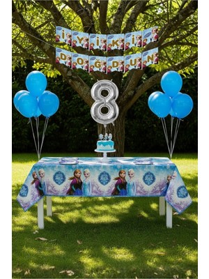 Umamiçe Frozen Elsa Temalı 8 Yaş Doğum Günü Parti Seti – Masa Örtüsü + Banner + Balonlar