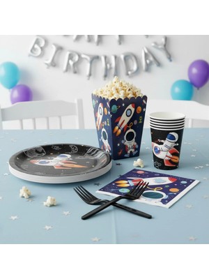 Umamiçe Uzay Parti Seti – 25'li Siyah Çatal + 8'li Mısır Kutusu + 8'li Peçete + 8'li Tabak Bardak