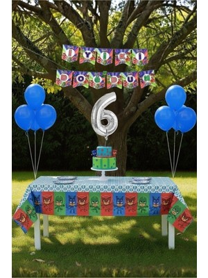 Umamiçe Pijamaskeliler Temalı 6 Yaş Doğum Günü Parti Seti – Masa Örtüsü + Banner + Balonlar