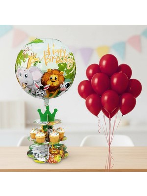 Umamiçe Safari Parti Seti – 10 Kırmızı Balon + Folyo Balon + Kek Standı
