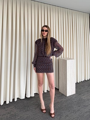 Laluvia Kahverengi Puantiyeli Mini Elbise - 6261