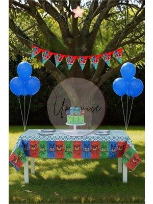 Umamiçe Pijamaskeliler Mini Parti Seti – Masa Örtüsü + Flama + 10 Metalik Mavi Balon