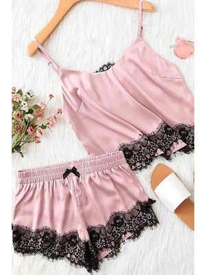 Merry See Kadın Dantel Işlemeli Saten Kumaşlı Pembe Gecelik Takım Özellikli L - XL