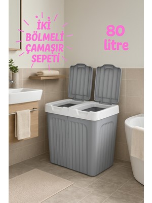 PremiumPort Gri 2 Bölmeli Çamaşır Sepeti 80 Litre, Şık ve Kullanışlı Tasarım