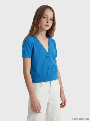 LC Waikiki Lcw Kids Mavi V Yaka Fiyonk Detaylı Kız Çocuk Triko Hırka