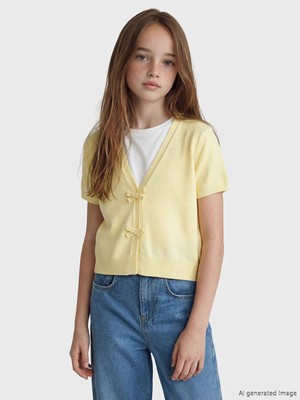LC Waikiki Lcw Kids Sarı V Yaka Fiyonk Detaylı Kız Çocuk Triko Hırka