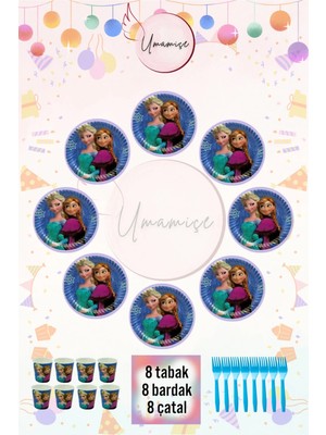 Umamiçe Frozen Elsa Temalı Tabak, Bardak ve Çatal Seti – 8 Adet Tabak + 8 Adet Bardak + 8 Adet Çatal