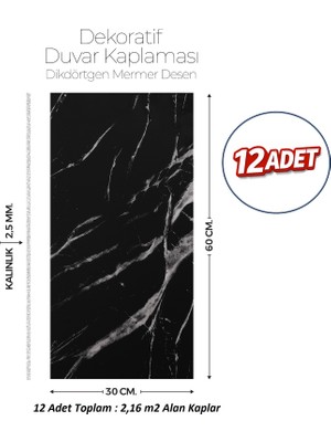Brano 30X60 cm Kendinden Yapışkanlı Duvar,banyo,tezgah Arası Kaplama Siyah Mermer Desen 12 Adet