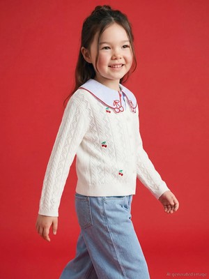 LC Waikiki Lcw Kids Ekru Kiraz Nakışlı Kız Çocuk Triko Hırka