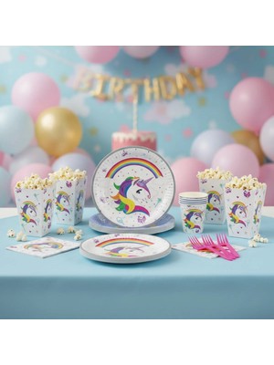 Umamiçe Unıcorn Parti Seti – 25'li Pembe Çatal + 8'li Mısır Kutusu + 8'li Peçete + 8'li Tabak Bardak