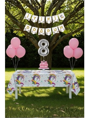 Umamiçe Unicorn Temalı 8 Yaş Doğum Günü Parti Seti – Masa Örtüsü + Banner + Balonlar