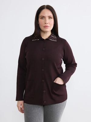 LC Waikiki Soulife Mürdüm Polo Yaka Taşlı Kadın Triko Hırka