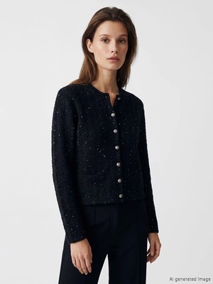 LC Waikiki Lcw Modest Siyah Bisiklet Yaka Payet Işlemeli Kadın Triko Hırka