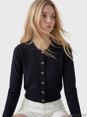 LC Waikiki Xsıde Lacivert Bisiklet Yaka Fiyonklu Kadın Triko Hırka