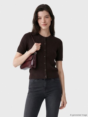 LC Waikiki Lcw Comfort Kahverengi Bisiklet Yaka Saç Örgüsü Desenli Kadın Triko Hırka