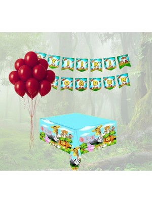 Umamiçe Safari Parti Seti – 10 Kırmızı Balon + Banner + Masa Örtüsü