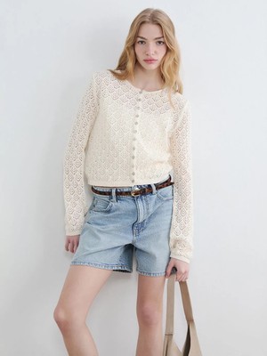 LC Waikiki Xsıde Ekru Bisiklet Yaka Ajurlu Kadın Triko Hırka