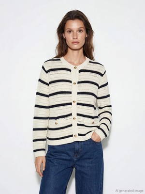 LC Waikiki Lcw Modest Lacivert Bisiklet Yaka Çizgili Kadın Triko Hırka