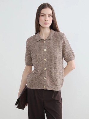 LC Waikiki Lcw Everyday Kahverengi Polo Yaka Dokulu Kadın Triko Hırka