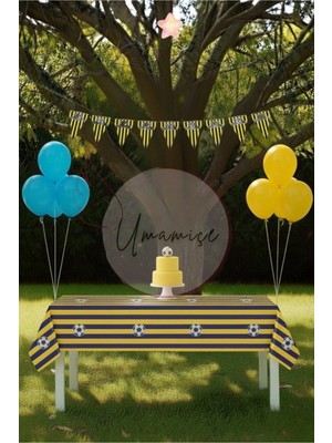 Umamiçe Sarı Lacivert Mini Parti Seti – Masa Örtüsü + Flama + 5 Metalik Mavi Balon + 5 Metalik Sarı Balon