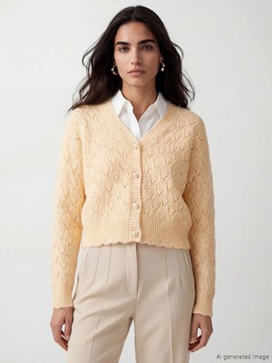 LC Waikiki Lcw Vision Sarı V Yaka Ajurlu Kadın Triko Hırka