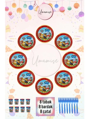 Umamiçe Paw Patrol Temalı Tabak, Bardak ve Çatal Seti – 8 Adet Tabak + 8 Adet Bardak + 8 Adet Çatal