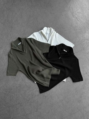 Elku Moda Erkek Premium Ribanalı Yarım Fermuarlı Kısa Kollu Triko Tişört Dik Yaka Merserize T-Shırt