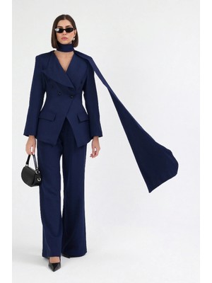 Diemmood Kadın Modern Şal Detaylı Pantolon Ceket Lacivert Takım