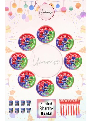 Umamiçe Pijamaskeliler Temalı Tabak, Bardak ve Çatal Seti – 8 Tabak + 8 Bardak + 8 Çatal