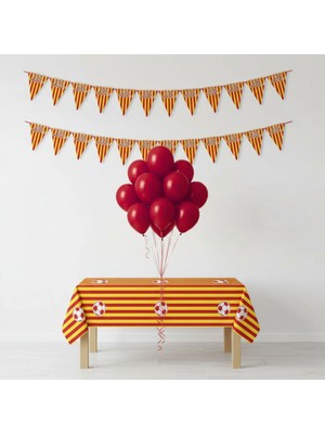 Umamiçe Sarı Kırmızı Parti Seti – 10 Kırmızı Balon + Flama + Masa Örtüsü