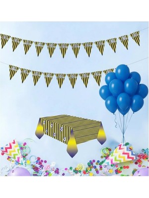 Umamiçe Sarı Lacivert Parti Seti – 10 Mavi Balon + Flama + Masa Örtüsü