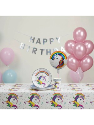 Umamiçe Unıcorn Mini Parti Seti – 10 Pembe Balon + 8'li Tabak Bardak + Folyo Balon + Masa Örtüsü