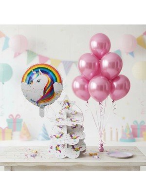 Umamiçe Unıcorn Parti Seti – 10 Pembe Balon + Folyo Balon + Kek Standı