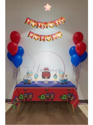 Umamiçe Temalı Mini Parti Seti – Masa Örtüsü + Banner + 5 Metalik Mavi Balon + 5 Metalik Kırmızı Balon