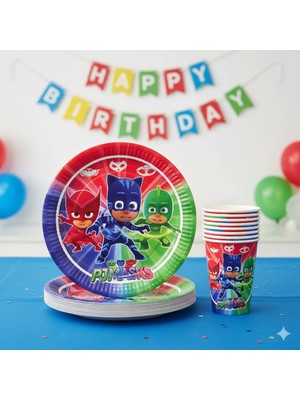 Umamiçe Pijamaskeliler Temalı Tabak ve Bardak 8'li Set