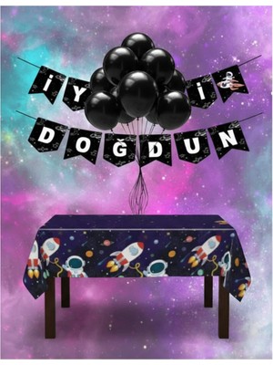 Umamiçe Uzay Parti Seti – 10 Siyah Balon + Banner + Masa Örtüsü