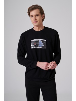 Morven  Erkek Siyah Trend Baskılı Bisiklet Yaka Sweat-Shirt