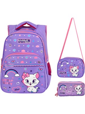Niss Store Ortopedili Lila Sevimli Kedi Kız Çocuk Ilkokul Çantası Beslenme Çantası ve 2 Gözlü Kalemlik Set