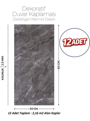 Brano 30X60 cm Kendinden Yapışkanlı Duvar,banyo,tezgah Arası Kaplama Antrasit Mermer 12 Adet