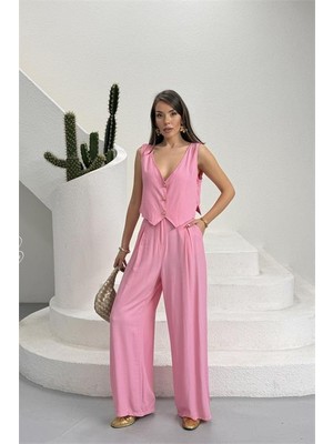 Neşeli Butik Kadın Pembe Rahat Kesim Düğme Detaylı Yelekli Ikili Yazlık Takım NBNP026
