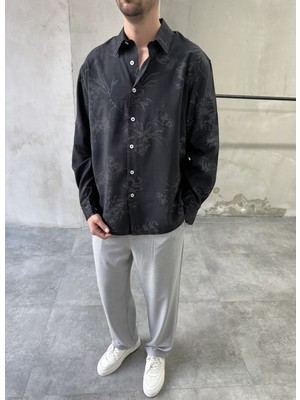 Difransel Jeans Desenli Oversize Premium Modern Kesim Siyah Gömlek