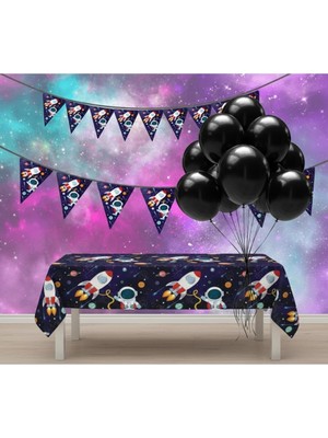 Umamiçe Uzay Parti Seti – 10 Siyah Balon + Flama + Masa Örtüsü
